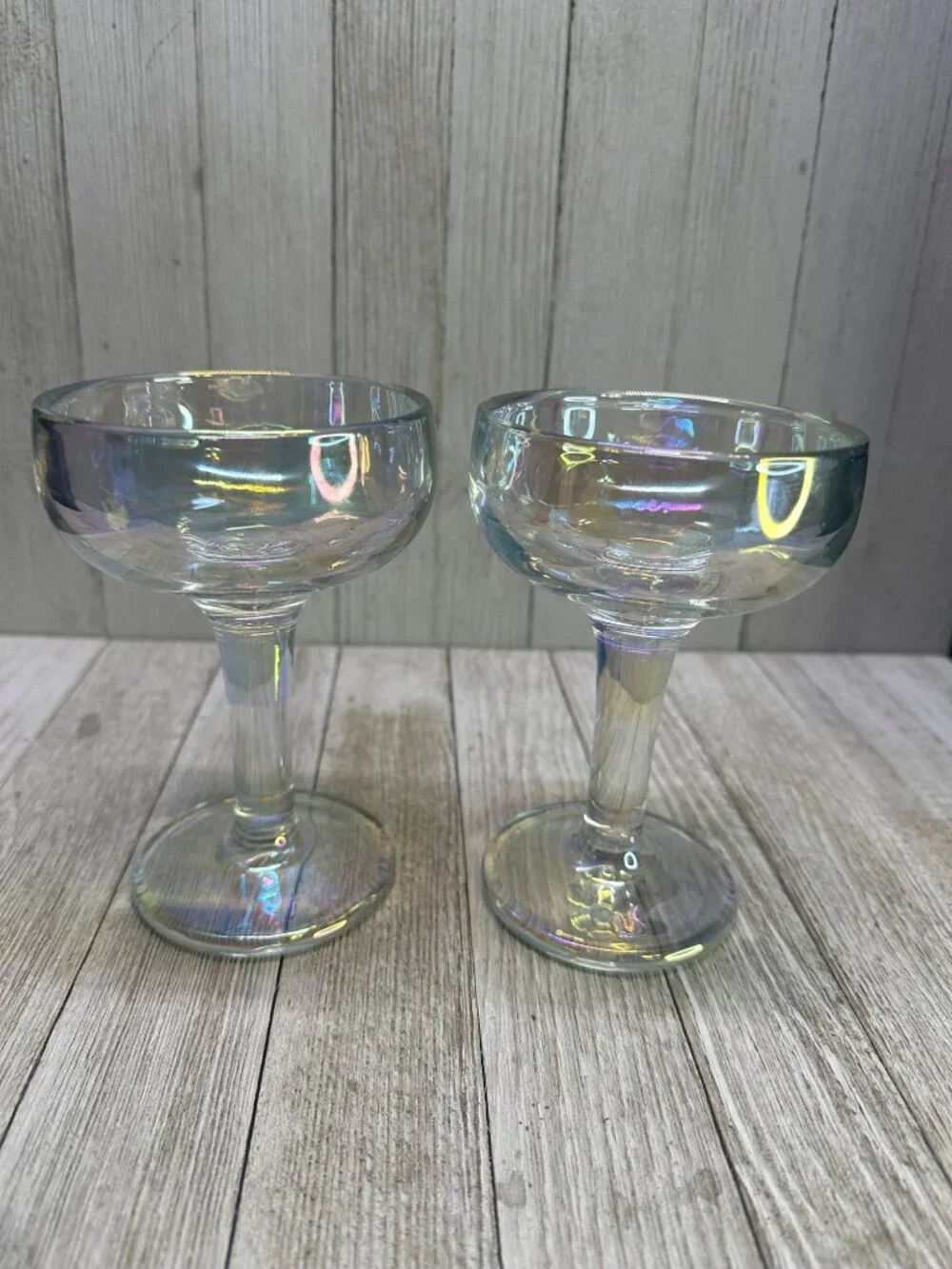 Vintage Iridescent Optic MCM Champagne Sherbet Glasses Heavy Stemmed - Set of 2